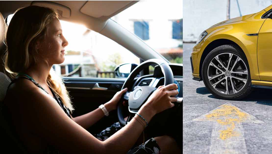 Collage of a woman driving a car with a tire on a gold car